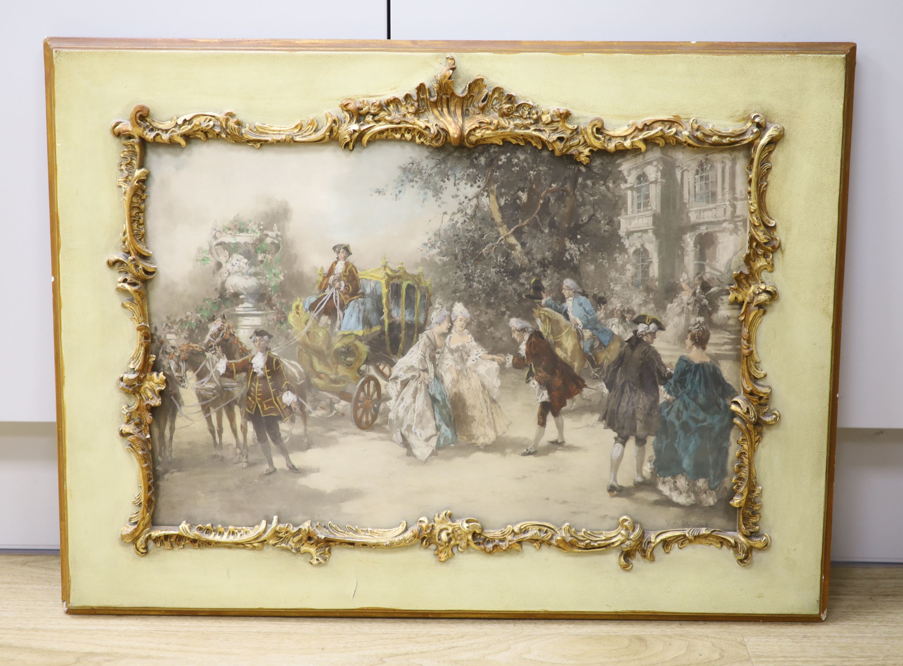 After Vincente Paredes, hand tinted lithograph, Figures outside a chateau, 32 x 49cm, ornate scroll frame